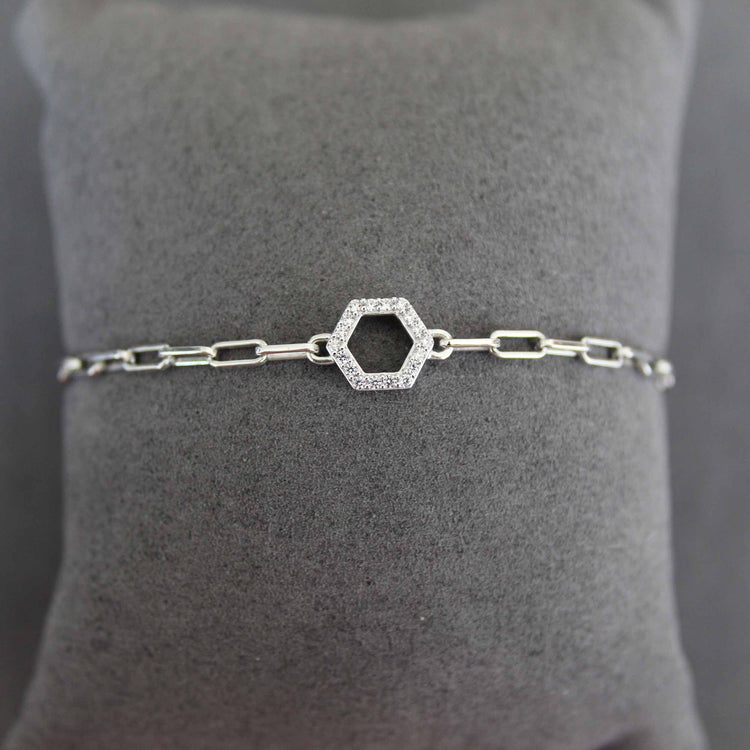 SALE 1/6 Cttw Natural Diamond Pave Hexagon Link Chain 7" Bracelet in 925 Sterling Silver