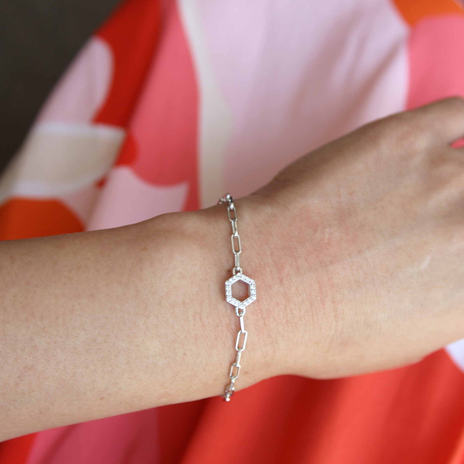 SALE 1/6 Cttw Natural Diamond Pave Hexagon Link Chain 7" Bracelet in 925 Sterling Silver