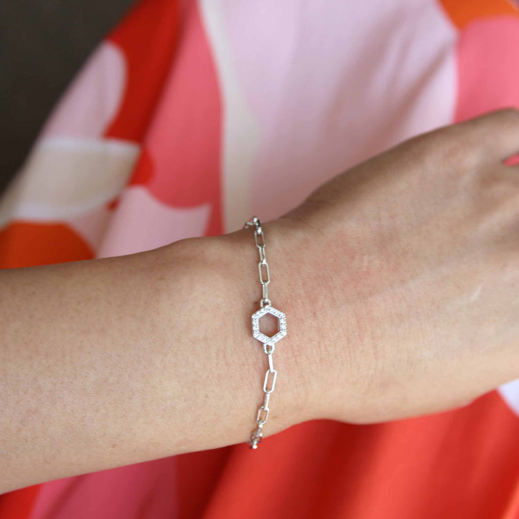 SALE 1/6 Cttw Natural Diamond Pave Hexagon Link Chain 7" Bracelet in 925 Sterling Silver