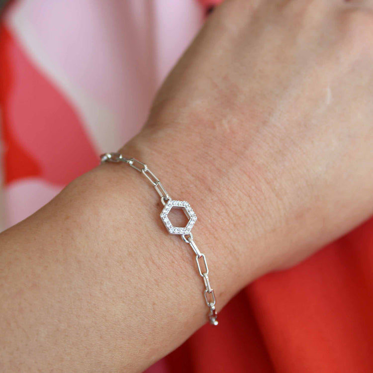 SALE 1/6 Cttw Natural Diamond Pave Hexagon Link Chain 7" Bracelet in 925 Sterling Silver