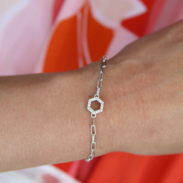 SALE 1/6 Cttw Natural Diamond Pave Hexagon Link Chain 7" Bracelet in 925 Sterling Silver