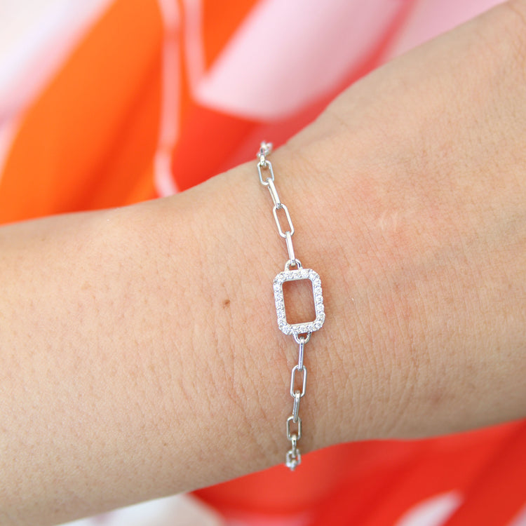 SALE 1/6 Cttw Natural Diamond Pave Rectangle Link Chain 7" Bracelet in 925 Sterling Silver