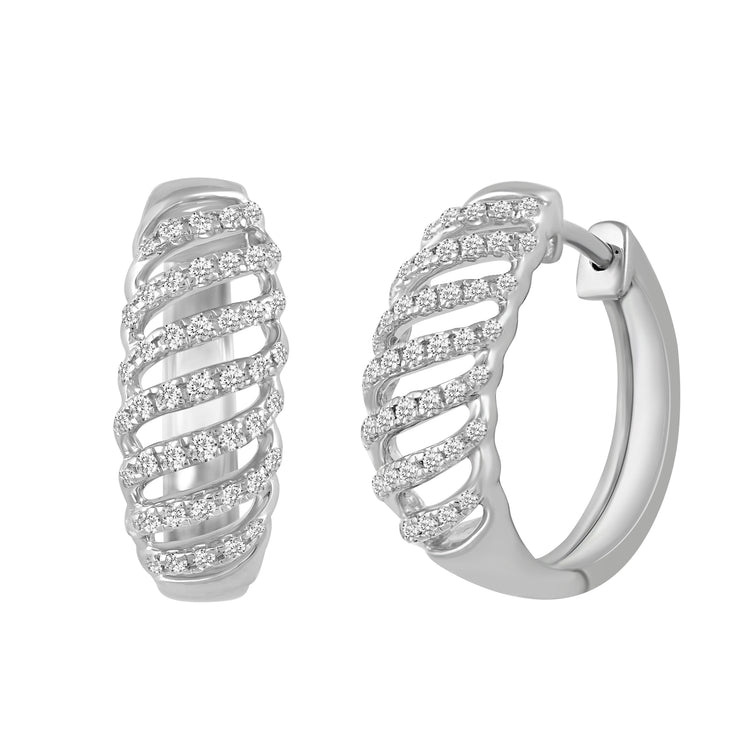 1/3 Cttw Diamond Lace Twist Dome Hoop Earrings set in 925 Sterling Silver