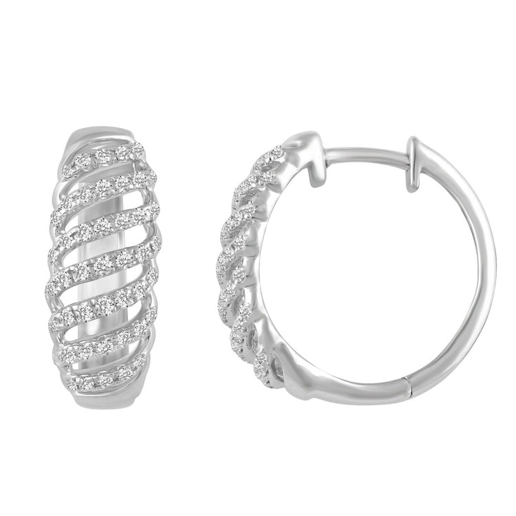 1/3 Cttw Diamond Lace Twist Dome Hoop Earrings set in 925 Sterling Silver