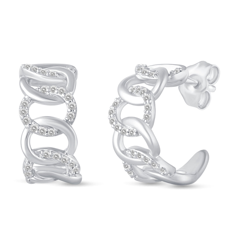 1/5 Ctw Natural Diamond Link Pave Hoop Earrings in 925 Sterling Silver
