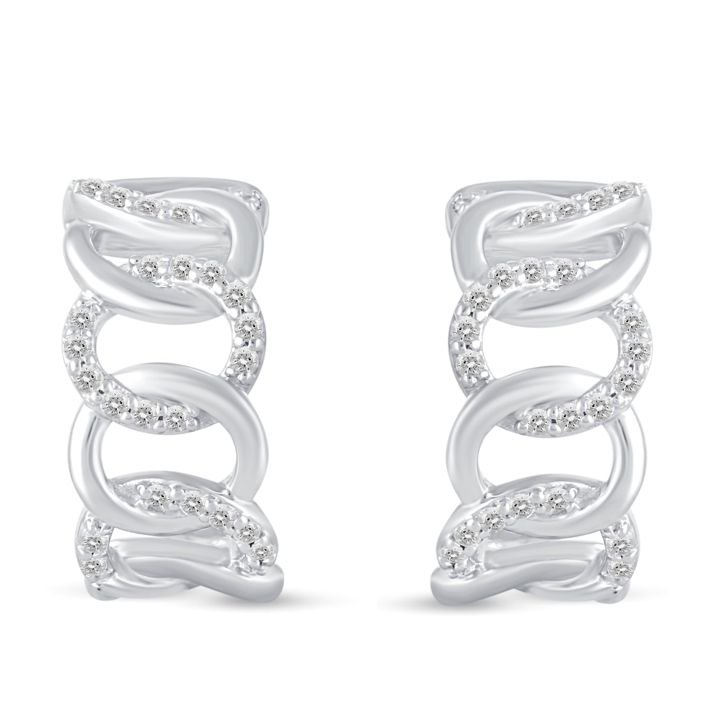 1/5 Ctw Natural Diamond Link Pave Hoop Earrings in 925 Sterling Silver