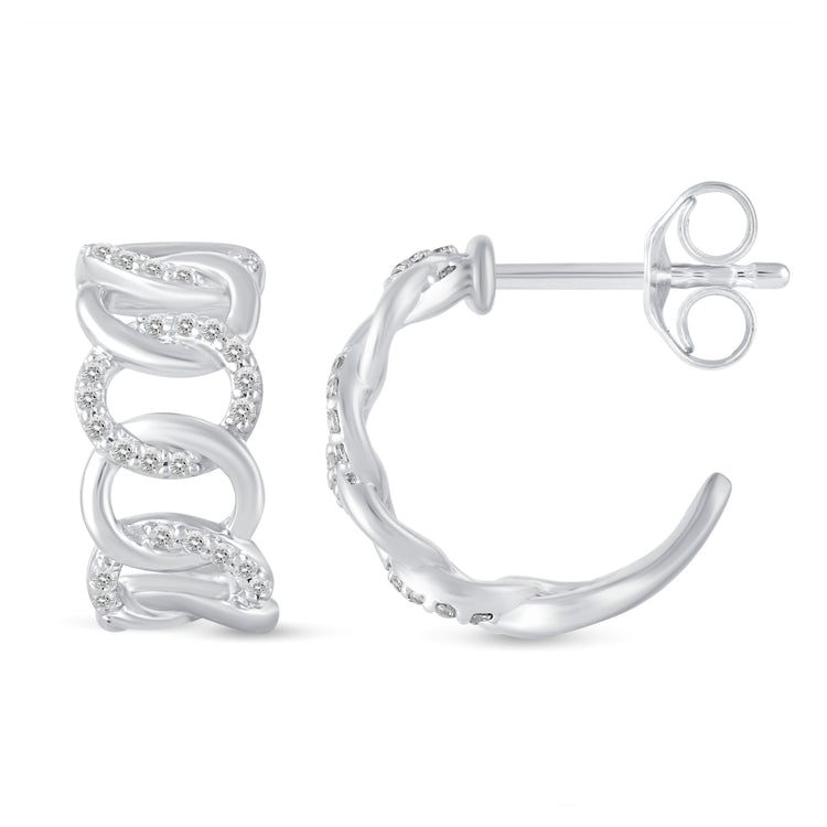 1/5 Ctw Natural Diamond Link Pave Hoop Earrings in 925 Sterling Silver