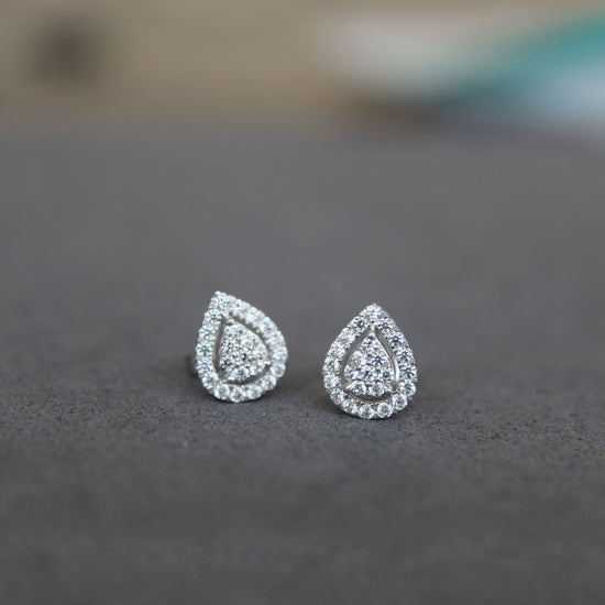 1/2Ct Diamond Halo Pear Teardrop Stud Earrings Set in 925 Sterling Silver
