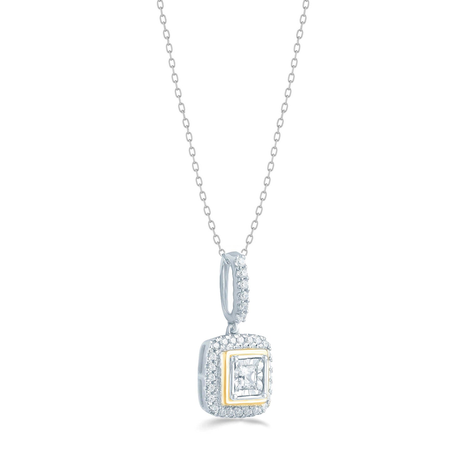 1/4CT TW Diamond cushion Pendant in Sterling Silver & 14k Yellow plating with 18" cable chain - Fifth and Fine