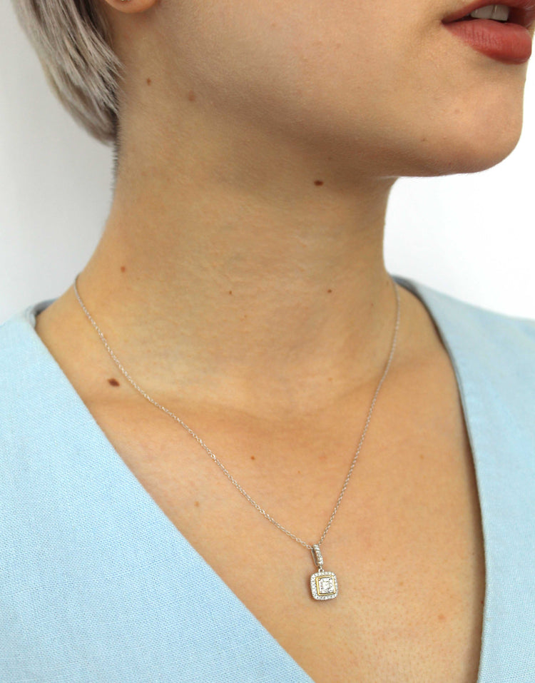 1/4CT TW Diamond cushion Pendant in Sterling Silver & 14k Yellow plating with 18" cable chain - Fifth and Fine