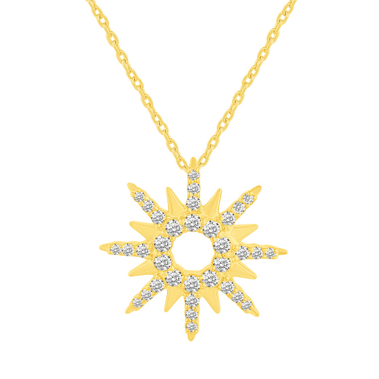 1/2 Ctw Diamond Sunrays Necklace Pendant in 925 Sterling Silver Yellow Gold