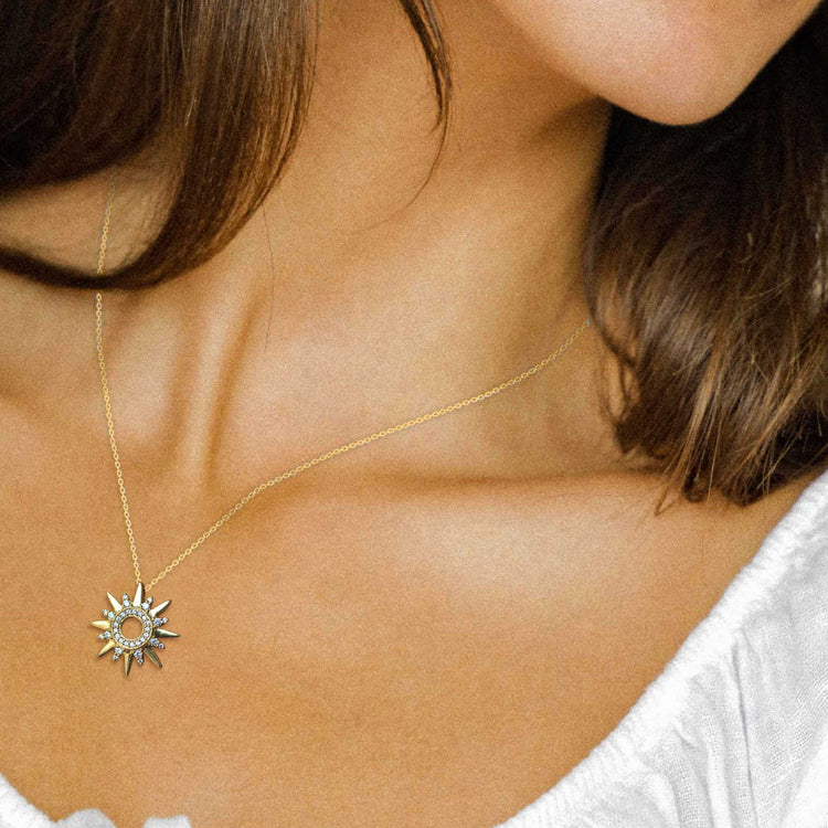 1/3 Ctw Diamond Sunrays Necklace Pendant in 925 Sterling Silver Yellow Gold