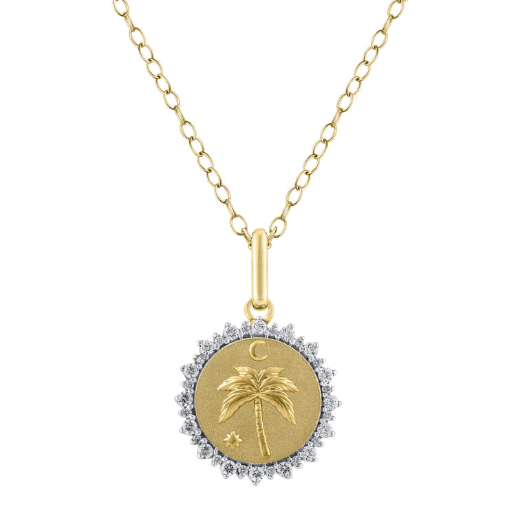 1/4 Cttw Diamond Palm Tree Medallion Coin Necklace fifth and fine jewelry k14 yellow gold 925 sterling silver
