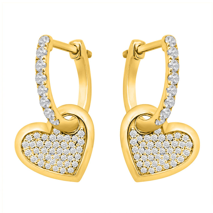 1/2 Cttw Hoop with Diamond Heart Dangle Earrings in 14K Yellow Gold