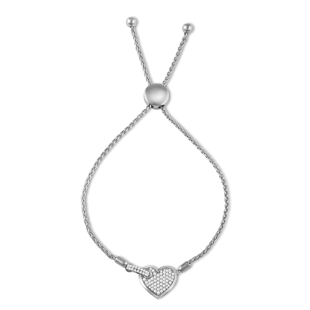 3/8 Cttw Pave Diamond Heart Bracelet in 14K White Gold with an adjustable slider