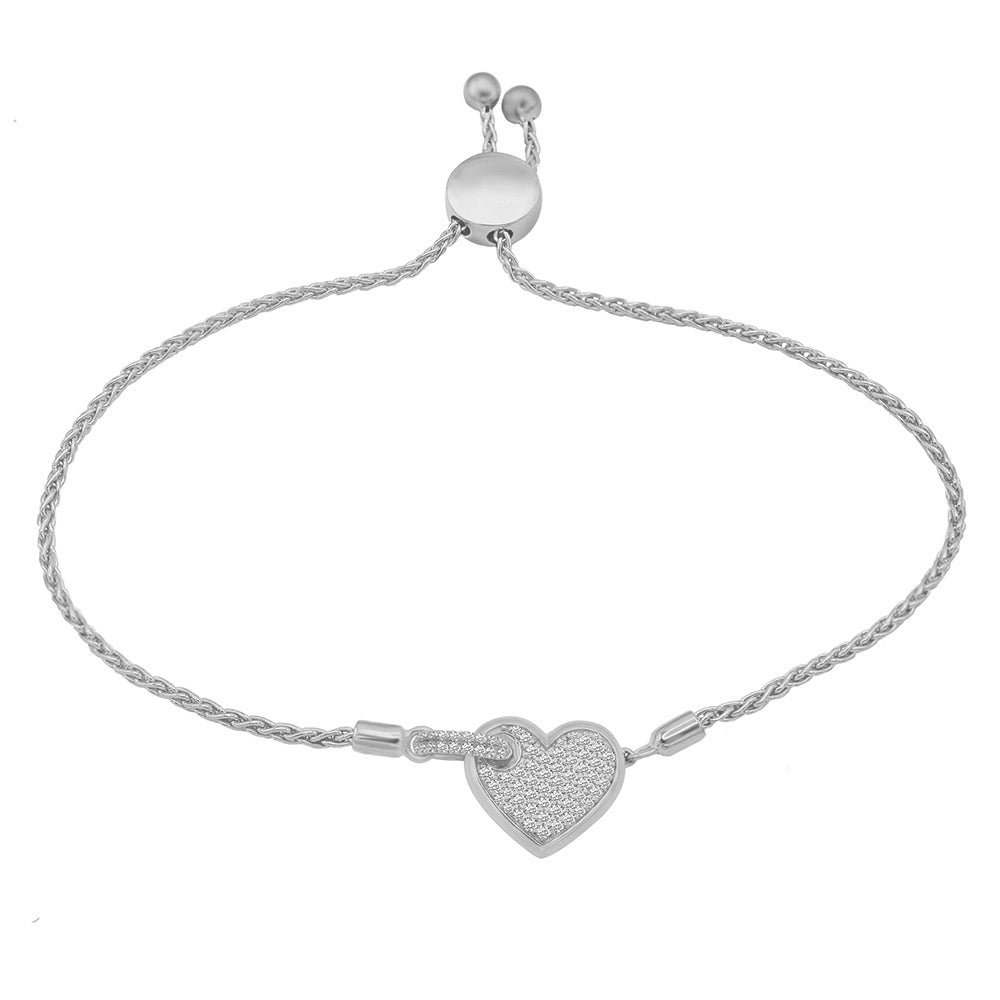 3/8 Cttw Pave Diamond Heart Bracelet in 14K White Gold with an adjustable slider