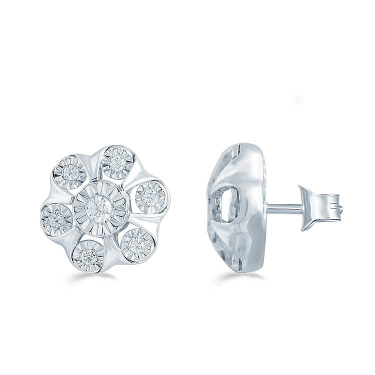 1/4CT TW Diamond Floral Cluster Stud Earrings in Sterling Silver - Fifth and Fine
