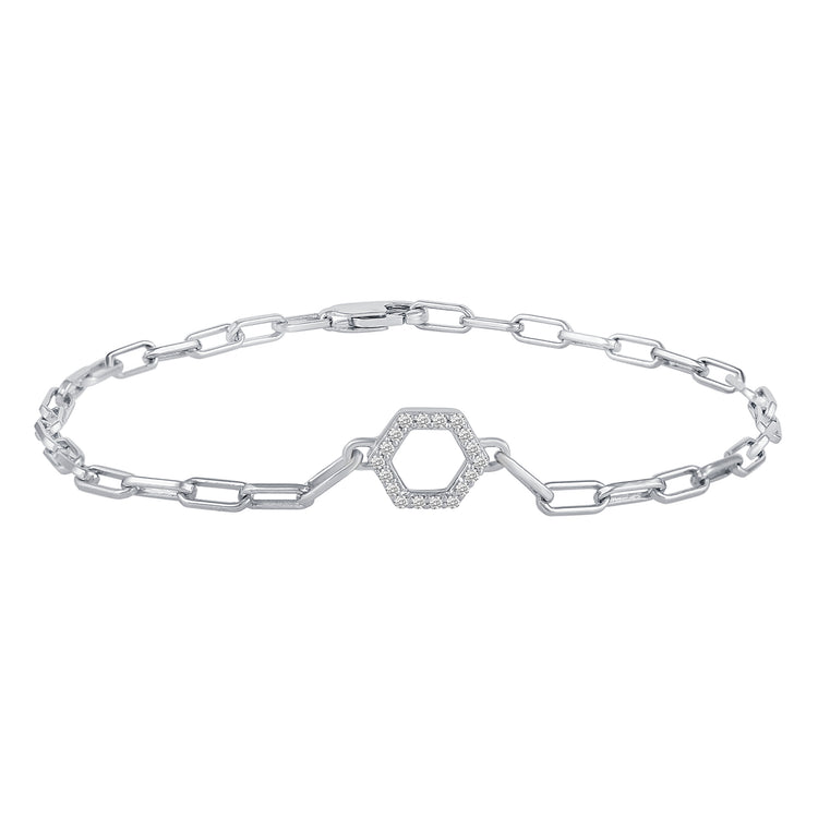 1/5 - 1/6 Cttw Natural Diamond Pave Link Chain 7" Bracelet in 925 Sterling Silver heart oval hexagon triangle rectangle