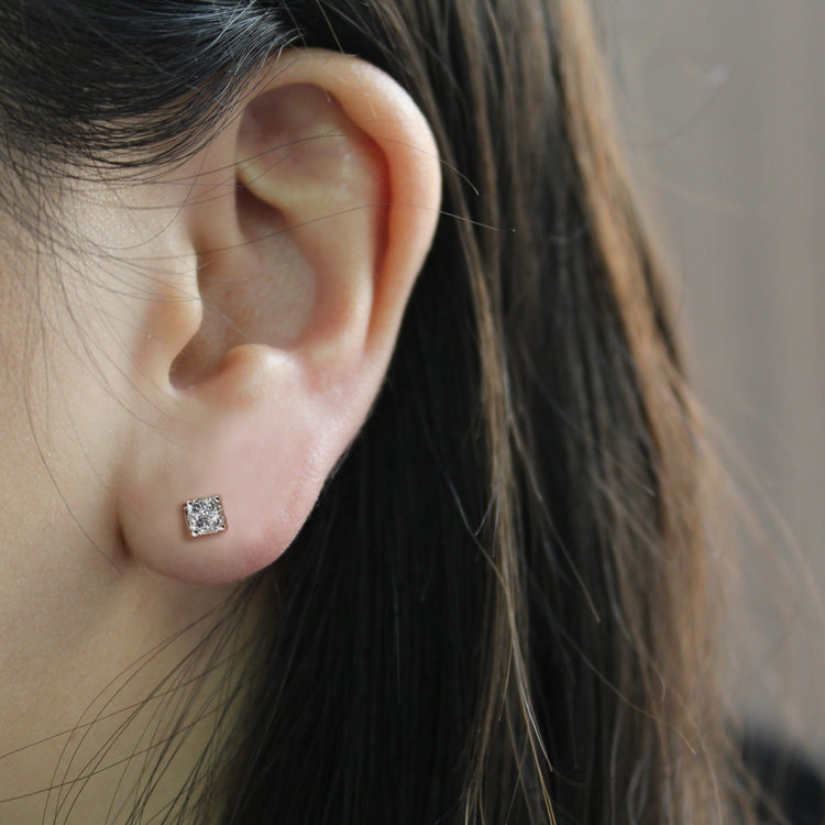 single Cushion Diamond Stud Earrings set in 925 Sterling Silver