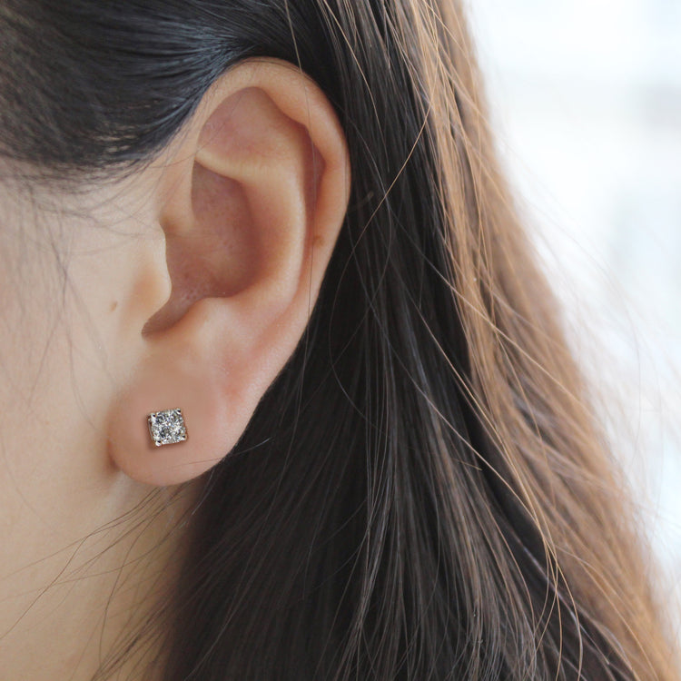 single Cushion Diamond Stud Earrings set in 925 Sterling Silver
