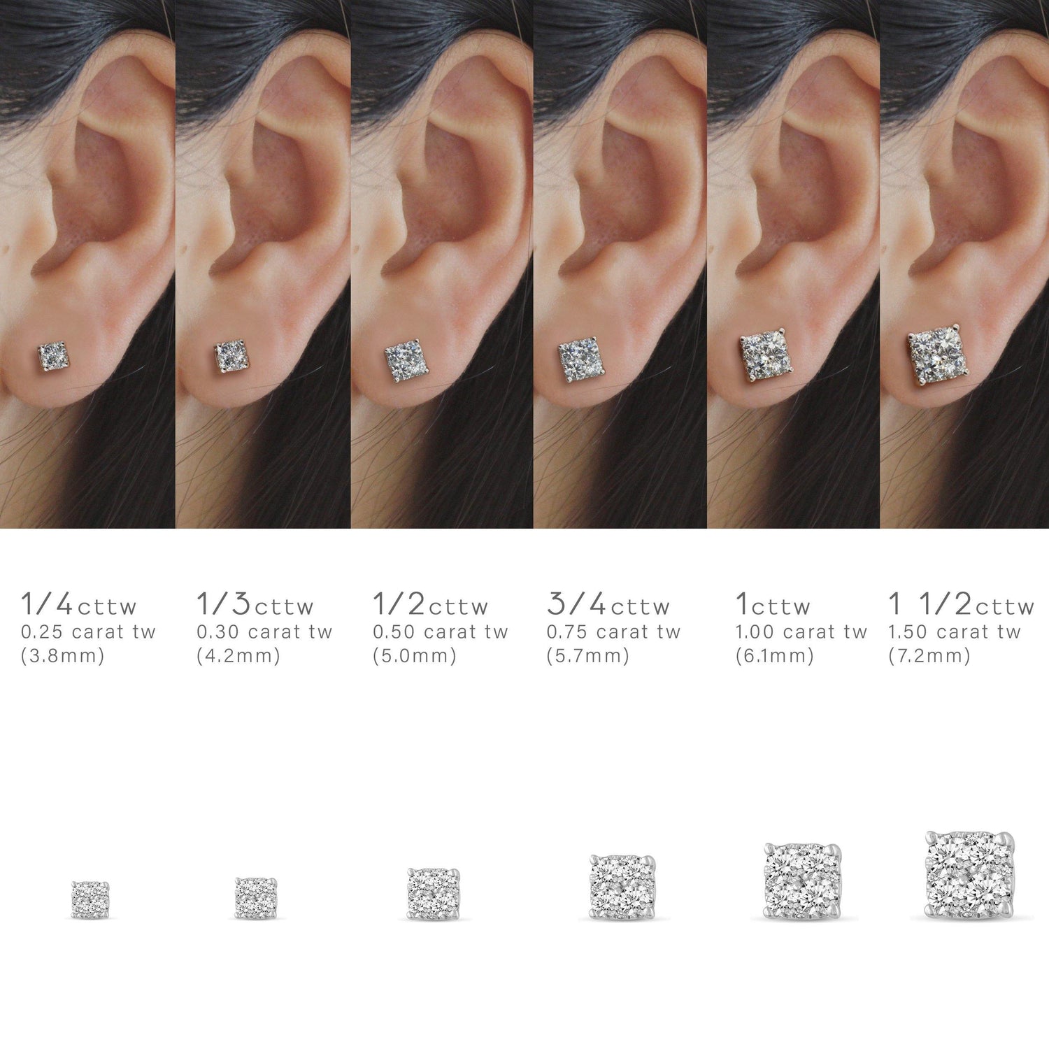 1/4 - 1 1/2 Cttw Cushion Diamond Stud Earrings set in 925 Sterling Silver - Fifth and Fine