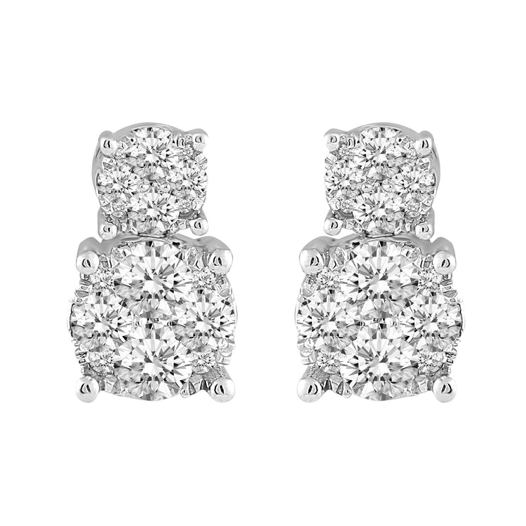 1 1/2 Cttw (I1-I2 Clarity) Diamond Round Duo Drop Cluster Earrings in 14K White Gold