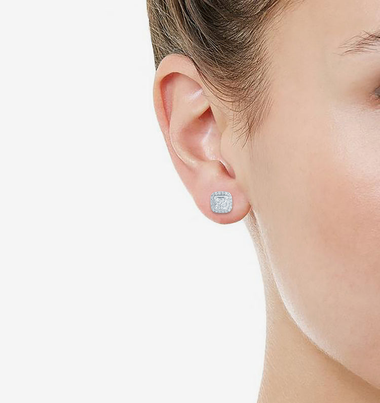1/2Ct Diamond Stud Earrings Set in 925 Sterling Silver Womens Cushion Halo
