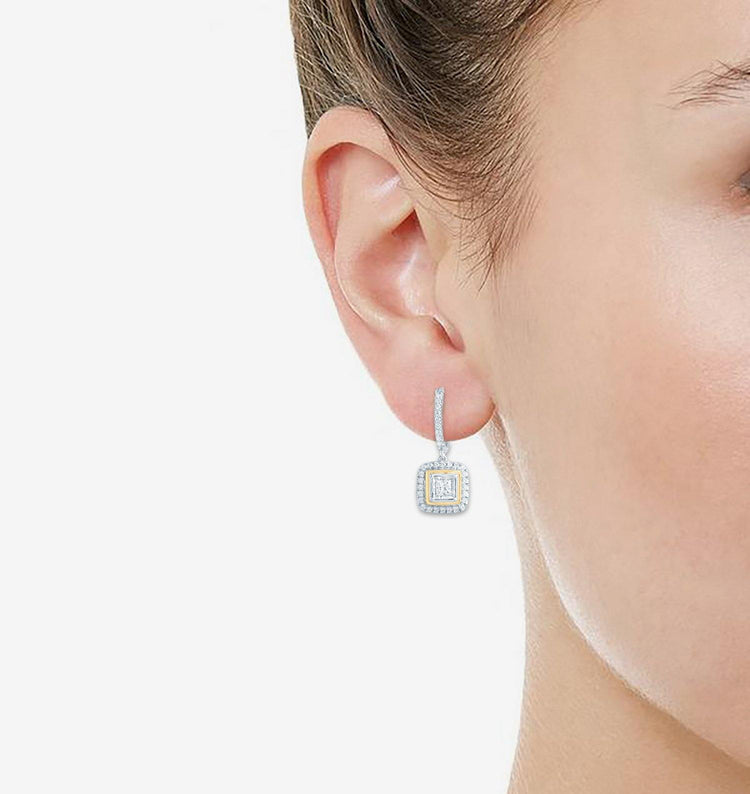 1/2t tw Diamond Cushion shape Dangling Earring in Sterling Silver & 14kt plating - Fifth and Fine