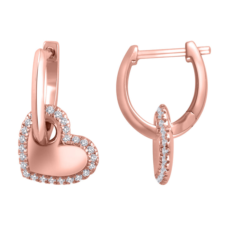 1/5 Cttw Hoop with Diamond Heart Dangle Earrings in 14K Rose Gold