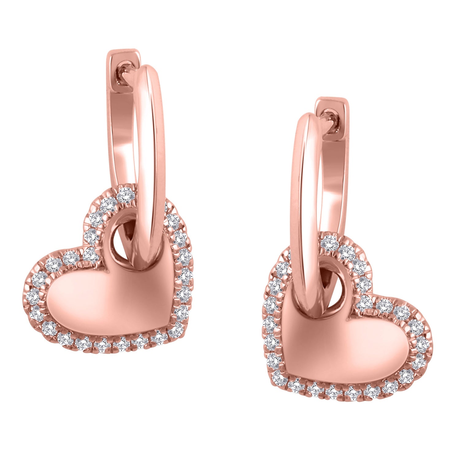 1/5 Cttw Hoop with Diamond Heart Dangle Earrings in 14K Rose Gold