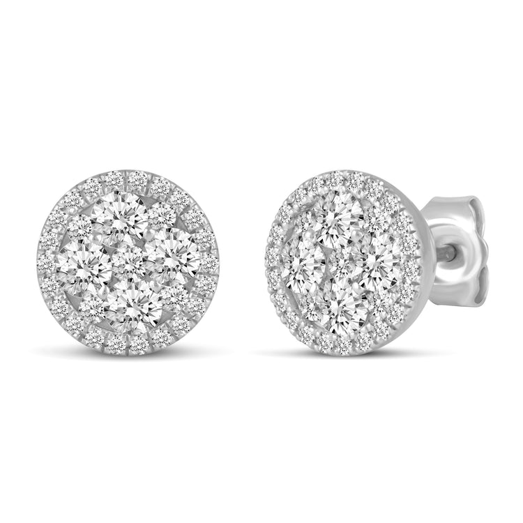 1 CTW Diamond Halo Cluster Stud Earrings set in 925 Sterling Silver Round/Oval/Square/Pear Shape