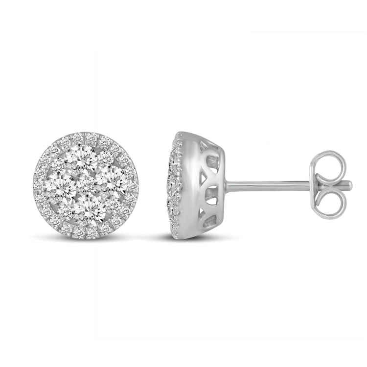 1 CTW Diamond Halo Cluster Stud Earrings set in 925 Sterling Silver Round/Oval/Square/Pear Shape