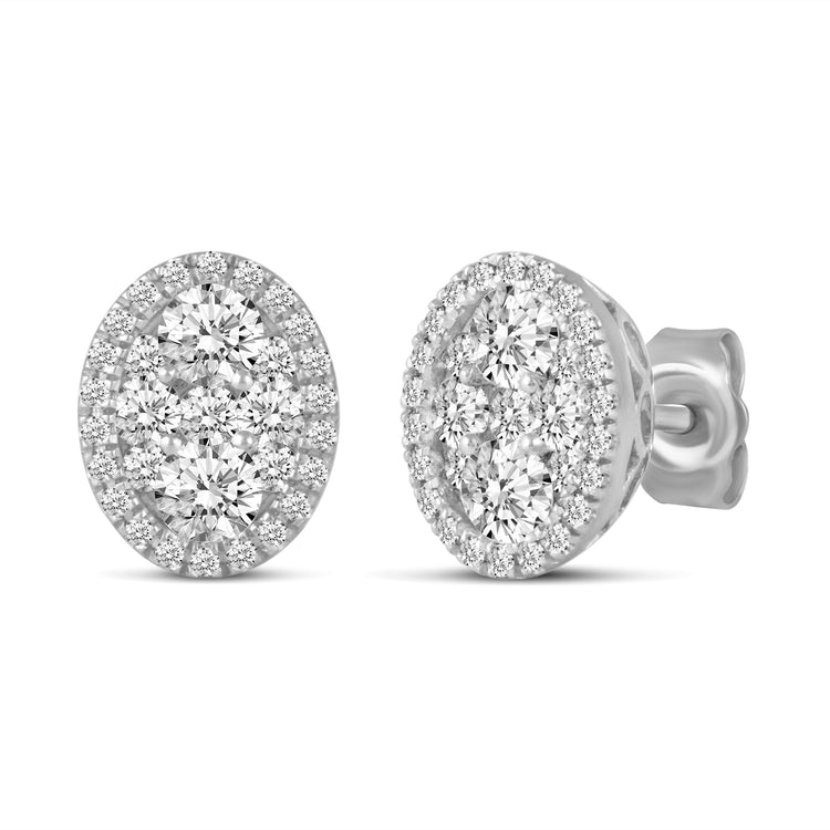 1 CTW Diamond Halo Cluster Stud Earrings set in 925 Sterling Silver Round/Oval/Square/Pear Shape