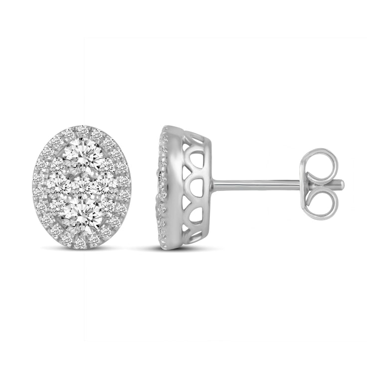 1 CTW Diamond Halo Cluster Stud Earrings set in 925 Sterling Silver Round/Oval/Square/Pear Shape