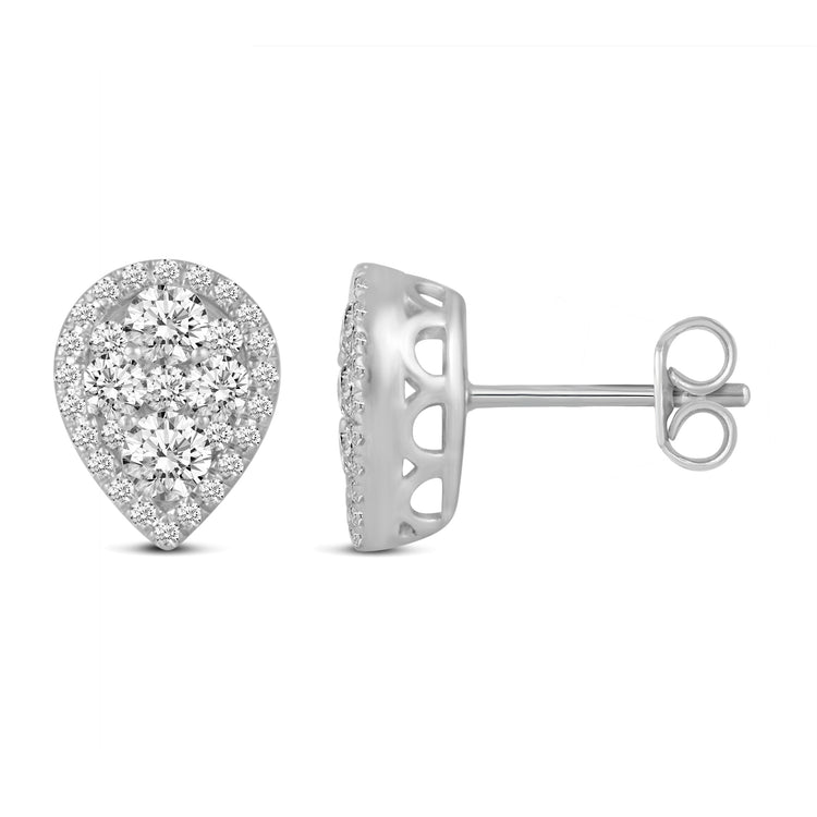 1 CTW Diamond Halo Cluster Stud Earrings set in 925 Sterling Silver Round/Oval/Square/Pear Shape