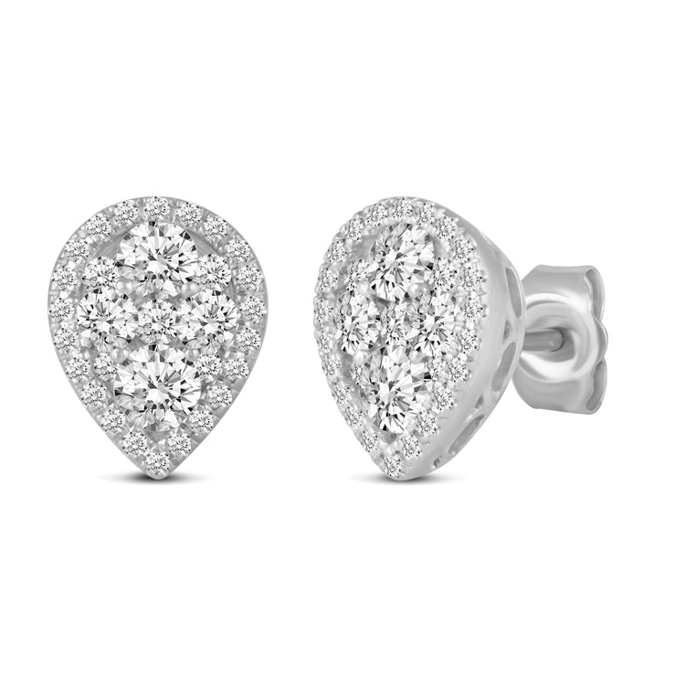 1 CTW Diamond Halo Cluster Stud Earrings set in 925 Sterling Silver Round/Oval/Square/Pear Shape