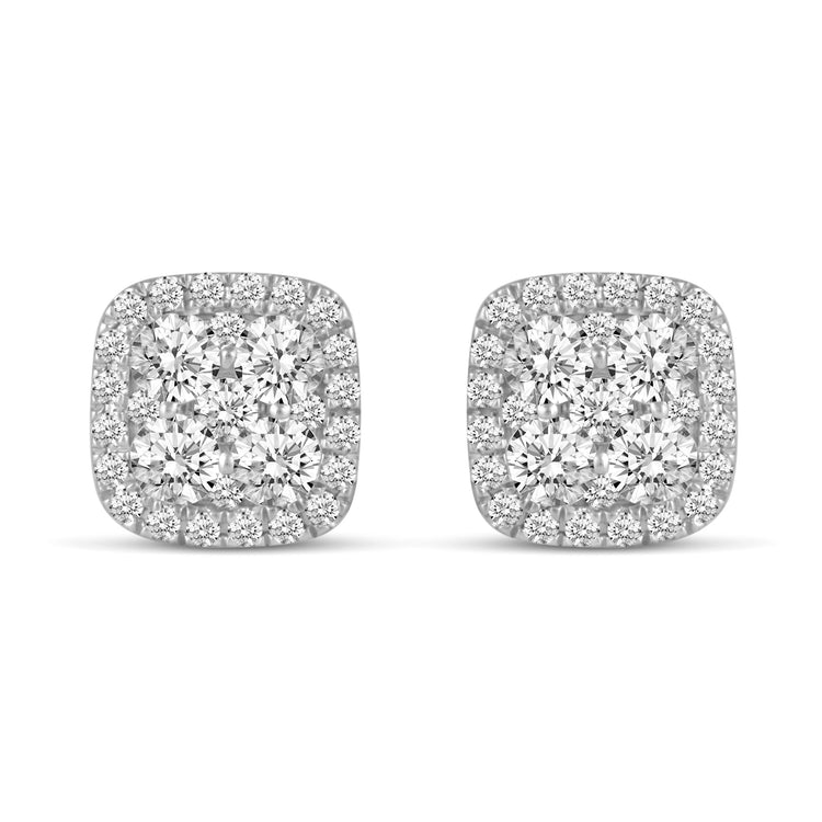 1 CTW Diamond Halo Cluster Stud Earrings set in 925 Sterling Silver Round/Oval/Square/Pear Shape