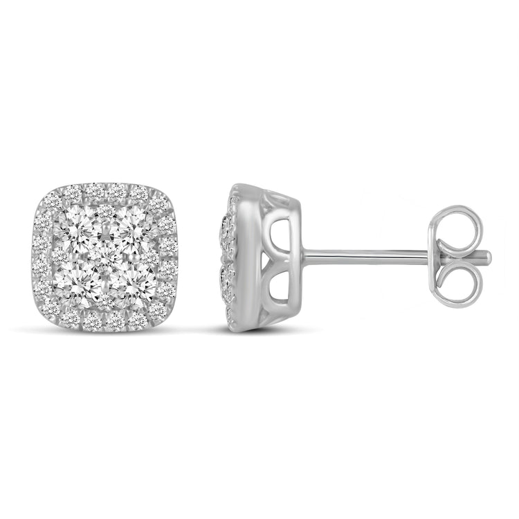 1 CTW Diamond Halo Cluster Stud Earrings set in 925 Sterling Silver Round/Oval/Square/Pear Shape