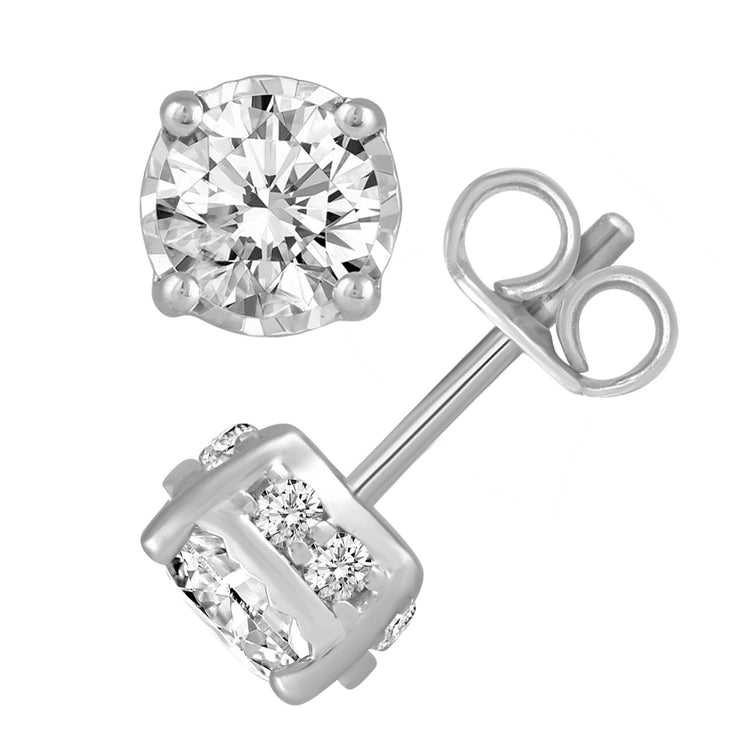1 1/2ct TW (SI2-I1) Natural Diamond Earrings with side stones in14K White Gold/Yellow Gold