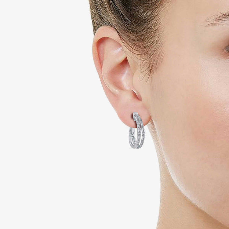 3/4 Cttw Diamond Double Row Hoop Earrings set in 925 Sterling Silver