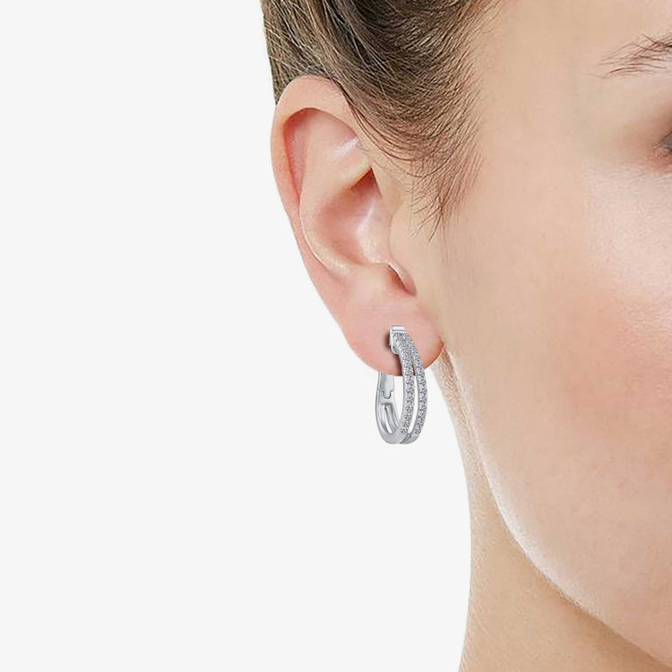 1 Cttw Diamond Double Row Hoop Earrings set in 925 Sterling Silver