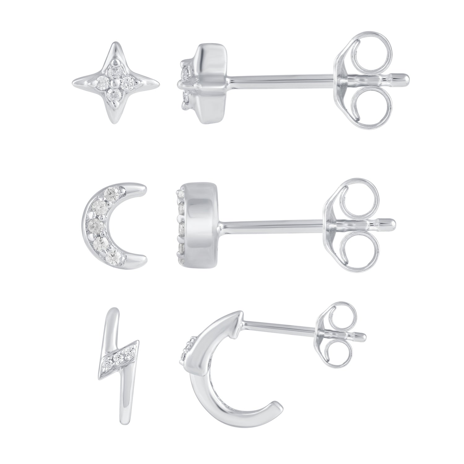 3 Pairs Set Ear Party 1/10 Cttw Natural Diamond Star Moon Lightning Bolt Stud Earrings in 925 Sterling Silver