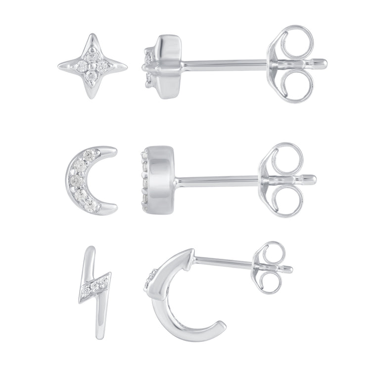 3 Pairs Set Ear Party 1/10 Cttw Natural Diamond Star Moon Lightning Bolt Stud Earrings in 925 Sterling Silver