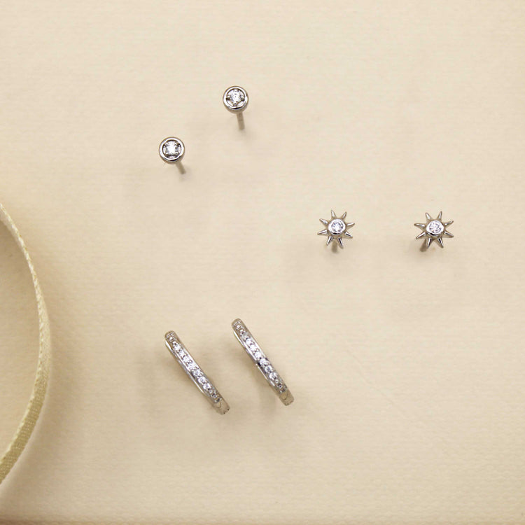 3 Pairs Set Ear Party 1/10 Cttw Natural Diamond Single Stone Sun Huggies Stud Earrings in 925 Sterling Silver