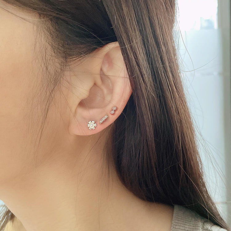 3 Pairs Set Ear Party 1/20 Cttw Natural Diamond Duo Mini Bar Three Stone Bar Flower Stud Earrings in 925 Sterling Silver