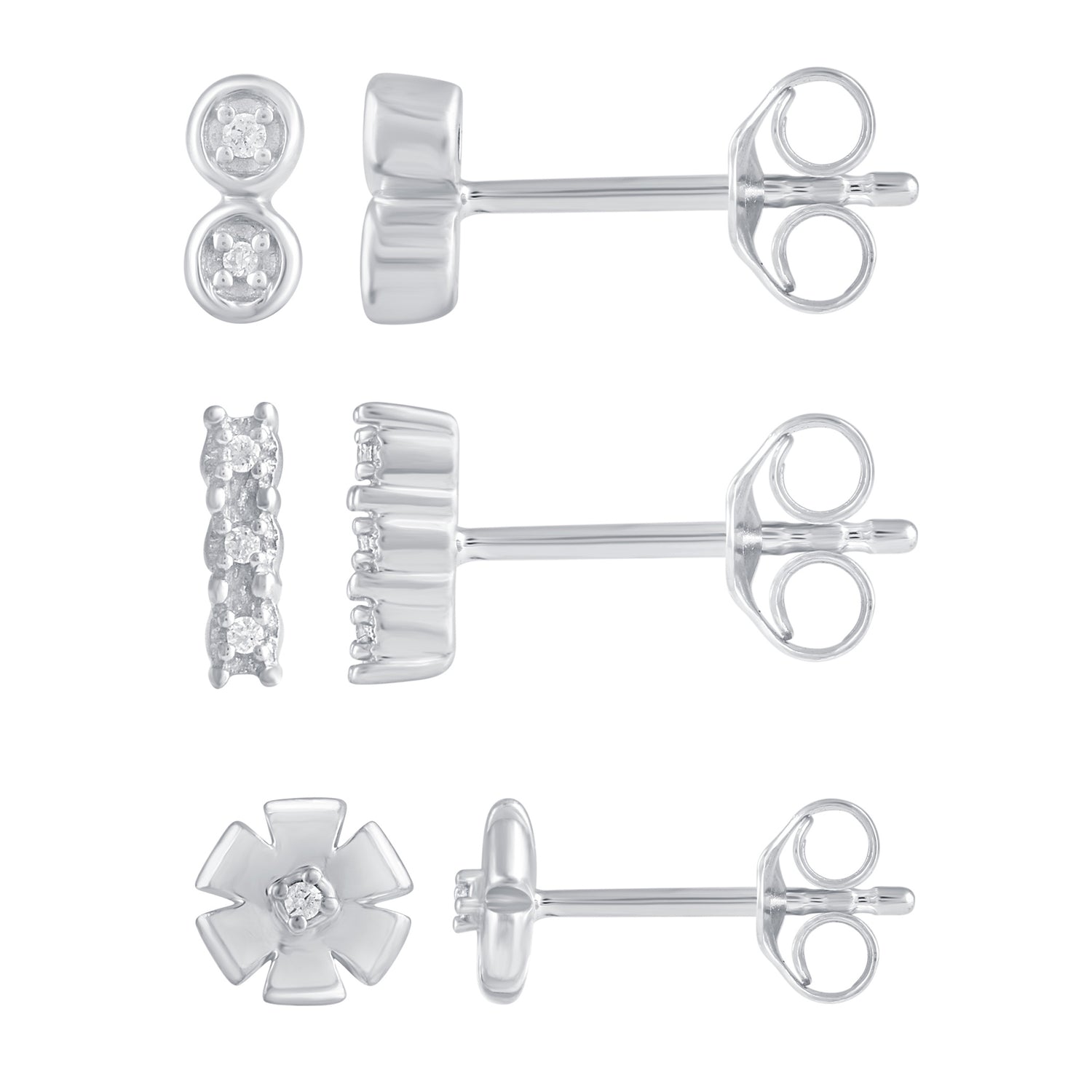 3 Pairs Set Ear Party 1/20 Cttw Natural Diamond Duo Mini Bar Three Stone Bar Flower Stud Earrings in 925 Sterling Silver