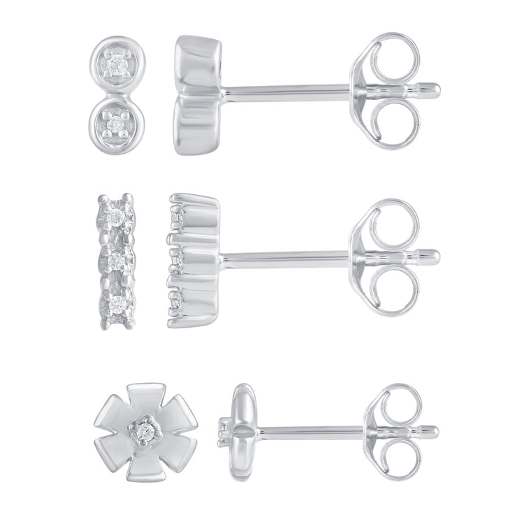 3 Pairs Set Ear Party 1/20 Cttw Natural Diamond Duo Mini Bar Three Stone Bar Flower Stud Earrings in 925 Sterling Silver