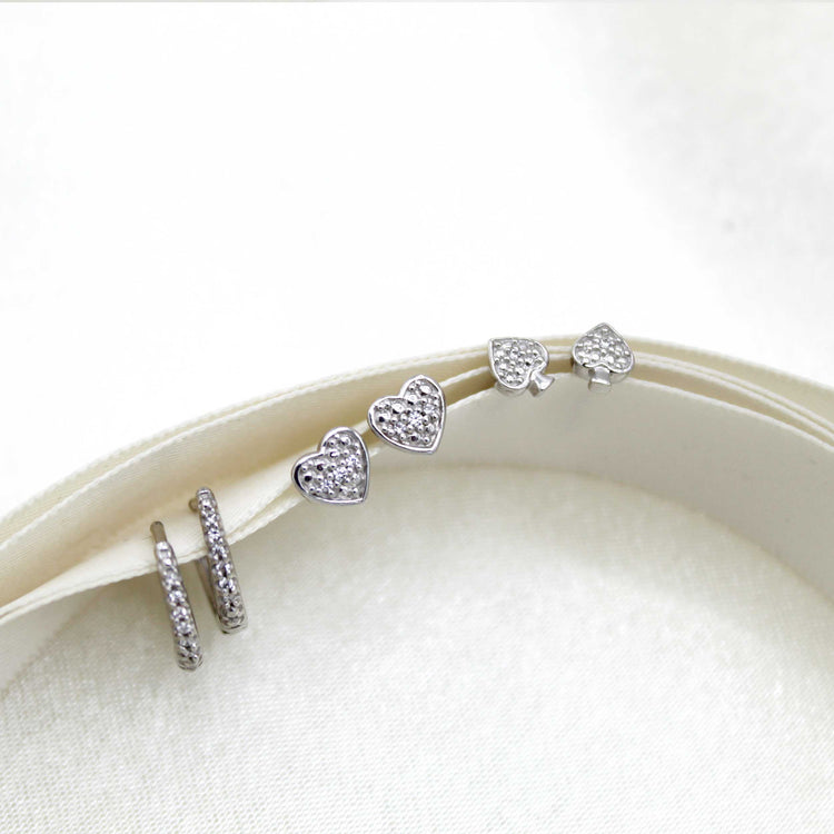 3 Pairs Set Ear Party 1/10 Cttw Natural Diamond Ace of Spades Heart Huggies Stud Hoops Earrings in 925 Sterling Silver