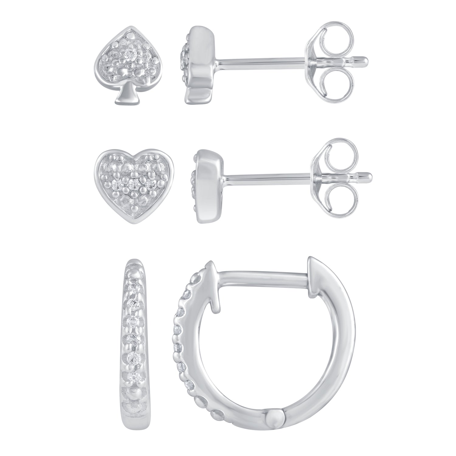 3 Pairs Set Ear Party 1/10 Cttw Natural Diamond Ace of Spades Heart Huggies Stud Hoops Earrings in 925 Sterling Silver
