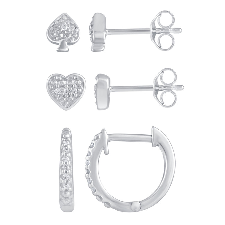3 Pairs Set Ear Party 1/10 Cttw Natural Diamond Ace of Spades Heart Huggies Stud Hoops Earrings in 925 Sterling Silver